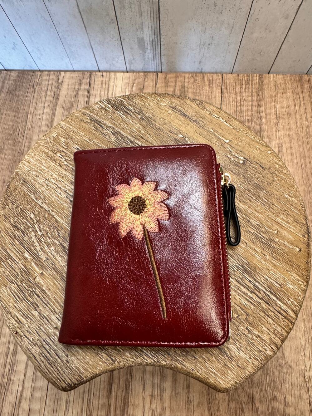 Dark Red Vegan Leather Wallet Embroidered Flower Purse Bag Wallet Fast Ship